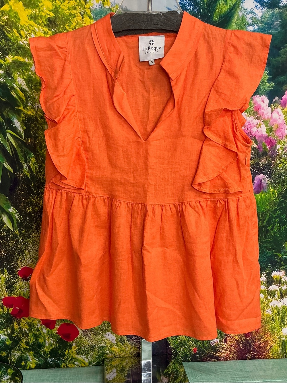 LaRoque Original Orange Ruffle Sleeve Peplum Top size small #2205